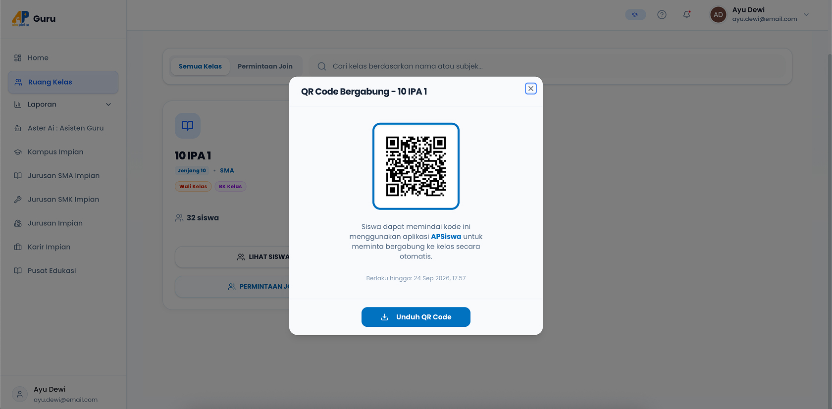 Tampilan QR Code Kelas