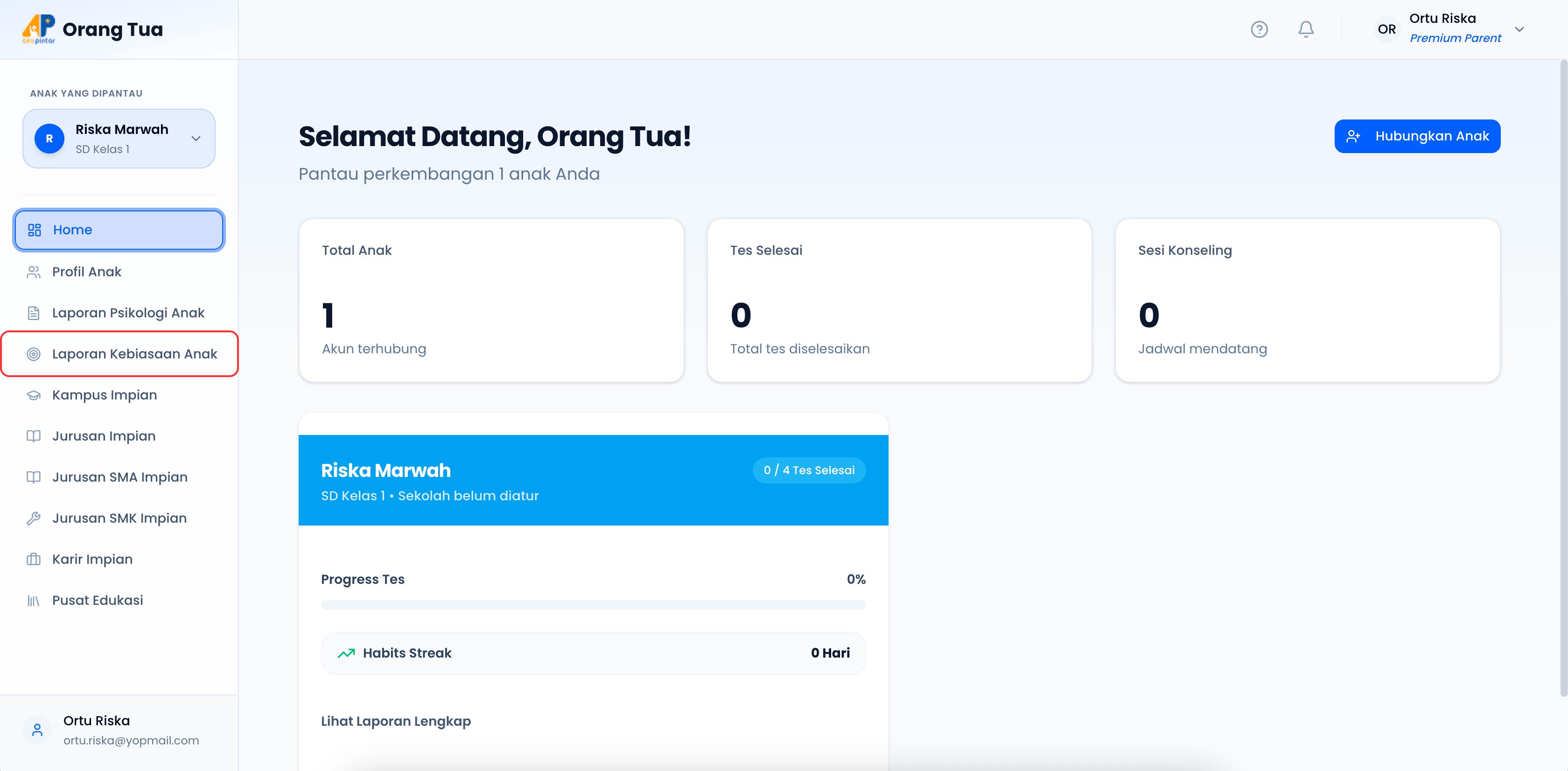 Klik tab Laporan Kebiasaan Anak